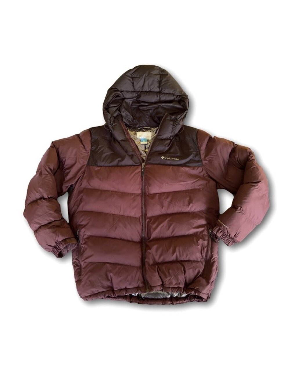 Columbia Men's Pike Lake II Hooded Puffer Jacket Red Wine Black Colorblock Large